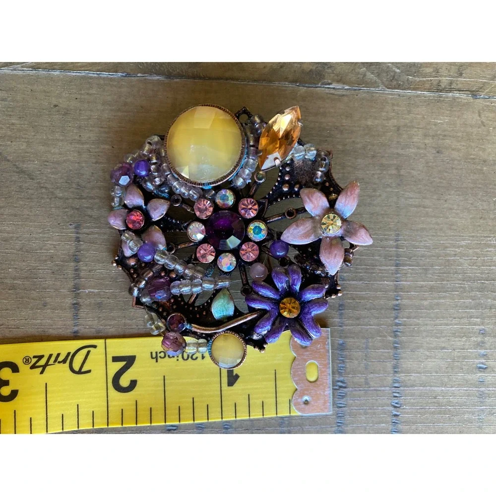 Vintage Style Floral Brooch Copper Tone Purple Pink Enamel Rhinestone Beaded Pin